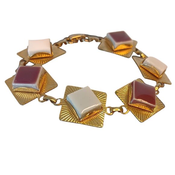 Vintage Goldtone Geometric Tile Bracelet White & Reddish Brown Tiles 7" x .5" - Picture 2 of 6